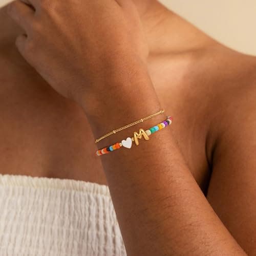 Eaciy Initial Bracelets for Women Easter Gifts for Teen Girls - Colorful Initial Bracelet Girl Jewelry Gifts 18K Gold Plated Letter K Bracelets for Women Tween Girls Trendy Stuff - Thumbnail 3