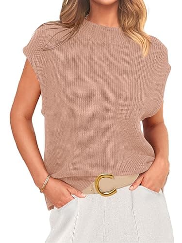 PRETTYGARDEN Womens Mock Neck Sleeveless Sweater Vest 2026 Summer Casual Fall Short Cap Sleeve Knit Ribbed Pullover Tank Tops(Light Khaki,Large) - Image 1