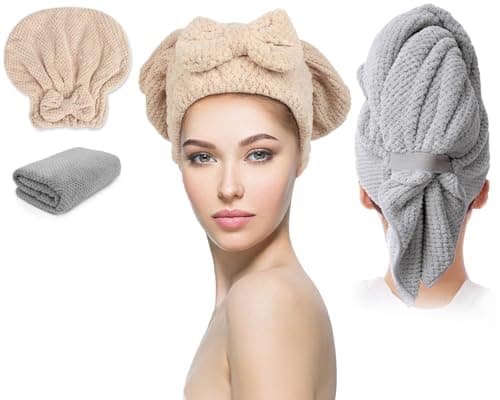 Molirex Hair Towel Wrap for Women 2 Pack, Anti-Frizz Microfiber Hair Plopping Towel Super Absorbent Quick Dry Turbans for Curly Wet Hair Grey Khaki - Image 1