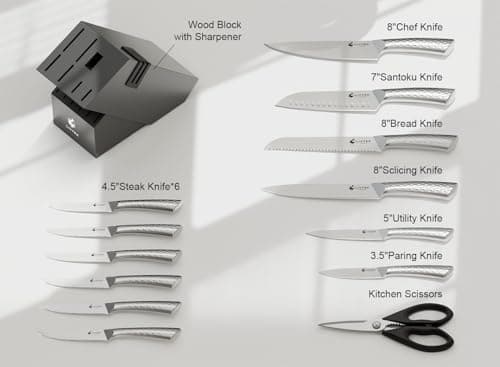 Livtek Kitchen Knife Set with Block: 15-Piece German Stainless Steel with Dual Sharpener for Cook Enthusiasts - Covers 95% Kitchen Tasks - Silver Full-Tang Ergonomic Handle, Dishwasher Safe, Gift Box - Thumbnail 3