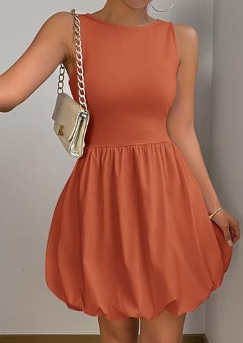 PRETTYGARDEN Summer Dresses for Women 2026 Causal Sleeveless Tank Mini Short Dress Crew Neck Bubble Sundress with Pockets (Orange,X-Large) - Thumbnail 6