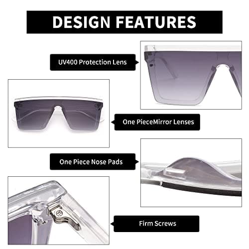JIM HALO Flat Top Shield Sunglasses Square Mirror Rimless Glasses for Women Men (Clear Frame/Gradient Grey Lens) - Thumbnail 3