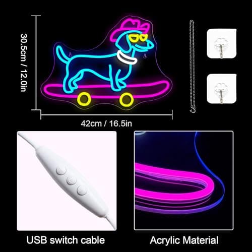 Lucunstar Dachshund Neon Sign Skateboard Dog Neon Light up Sign USB Adjustable Neon Lights Art Wall Decor LED Sign for Bedroom Shop Pet Lovers Gift - Thumbnail 4