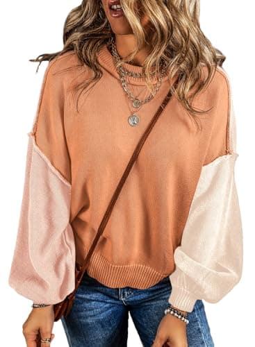 Dokotoo Sweaters for Women Crewneck Colorblock Long Sleeve Knit Ribbed Sweater Casual Loose Work Jumper Tops Fall Outfits for Women 2025 Grapefruit Orange Large - Image 1