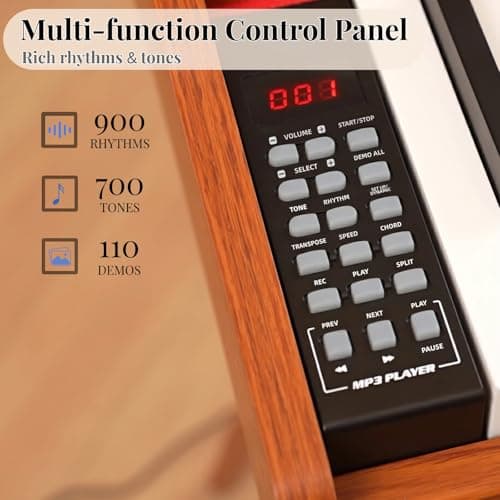 PLYOR 88 Key Digital Piano Keyboard with Stand & 3 Pedals, Full Weighted Keyboard Electric Piano for Beginners, Hammer-Action Home Digital Piano with Desk Mode, Headphone Jack, USB-MIDI, Brown - Thumbnail 6