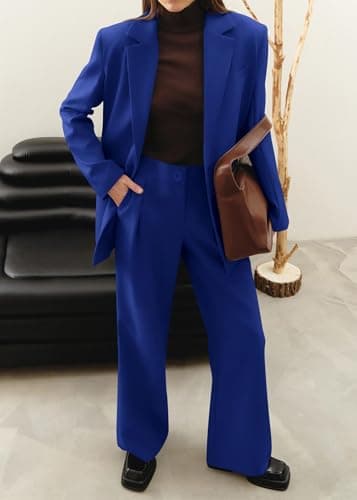 KIRUNDO Women Suits 2 Piece Set Business Casual Dressy Oversized Blazer Jacket and Wide Leg Dress Pantsuits Formal Outfits(Royal Blue, X-Large) - Thumbnail 5