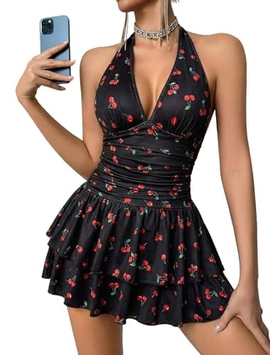 Avidlove Summer Dress V Neck Mini Dress Ruched Slim Fit Going Out Cocktail Party Club Bodycon Dresses Cherry Print X-Small - Image 1