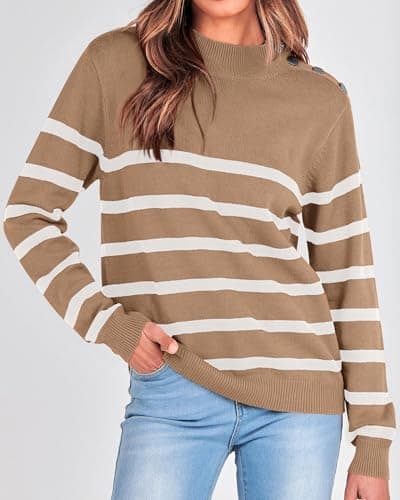 KIRUNDO Fall Sweaters for Women 2026 Striped Turtleneck Ribbed Knit Sweater Trendy Pullover Jumper Winter Fashion Clothing(X-Large, Light Khaki) - Thumbnail 2