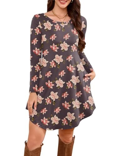 DEARCASE Women's Long Sleeve T Shirt Dress Floral Grey Purple Hibiscus Medium Crewneck Knee Length Loose Casual Flowy Swing Tunic Dresses with Pockets - Image 1