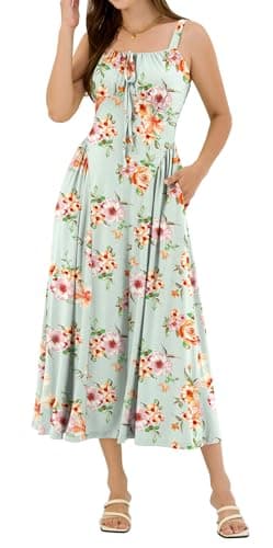 ZAFUL Women Summer Floral Midi Dress Corset Smocked Flowy A Line Sundress Wedding Guest Dresses with Pockets Light Green L - Thumbnail 6