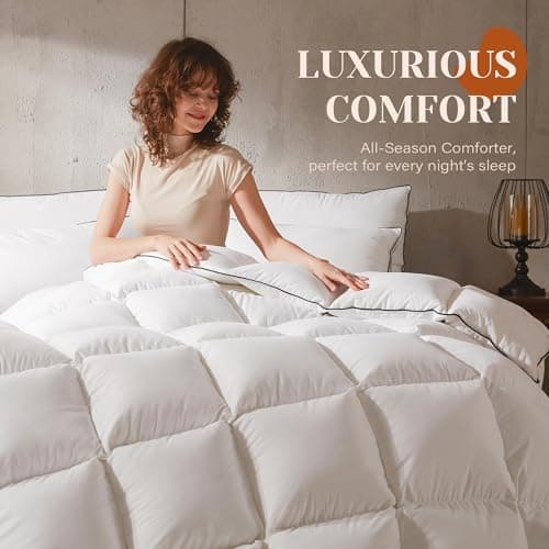 Richtry Goose Feather Down Fiber Cotton Comforter California King Size, Ultra-Soft Duvet Insert, Hotel Collection White Quilted Comforter, All Season Bedding Comforter with 8 Corner Loops, 104x96 Inch - Thumbnail 2