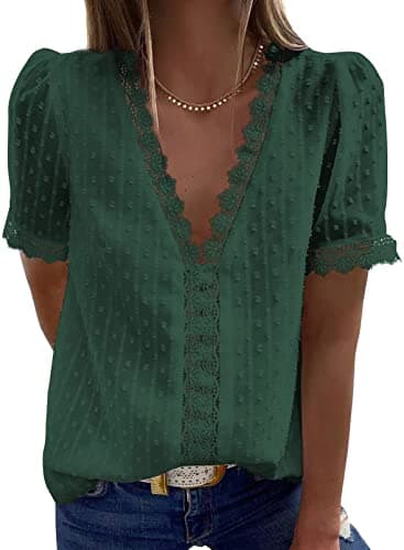 Dokotoo Womens Ladies 2026 Spring Sexy Lace Crochet Pom Pom V Neck Strappy Short Sleeve Shirts Casual Loose Solid Chiffon Blouses for Women Tops Green S - Image 1