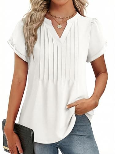 Funlingo Dressy Casual Tops for Women Short Ruffle Sleeve Business Work Blouse 2026 Spring Professional Office Pleated White Shirts XL - Image 1