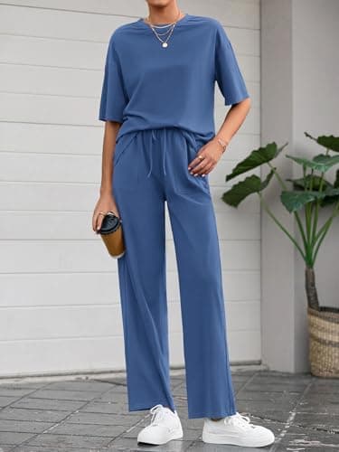 BTFBM Summer Outfits For Women 2026 Two Piece Sets Casual Short Sleeve Spring Tops Wide Leg Pants Matching Lounge Set(Blue, X-Large) - Thumbnail 4