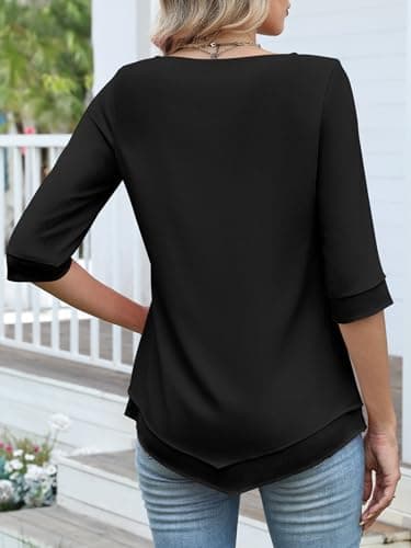 ANRABESS Womens 3/4 Sleeve Blouses Dressy Casual Double Layers Shirts Flowy Tunic Top 2026 Spring Beach Vacation Clothes Black Large - Thumbnail 6
