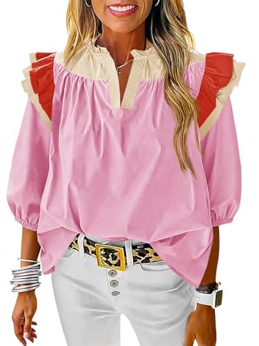 Tankaneo Womens Color Block Ruffle Tops Dressy Casual Puff Half Sleeve V Neck Cotton Blouses Pleated Loose Fit Shirts Z-Pink - Image 1