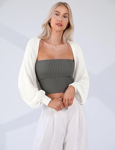 Totatuit Women's Long Sleeve Bolero Shrug for Dresses Open Front Knit Cropped Cardigan Loose Y2K Cardigan Sweater White - Thumbnail 3