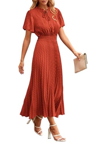 PRETTYGARDEN Summer Long Dresses for Women Puff Short Sleeve V Neck Swiss Dot Pleated A Line Casual Flowy Party Midi Dress (Brick Red,XX-Large) - Image 1
