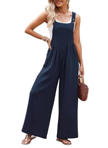 Dokotoo Womens Overalls Navy Blue Jumpsuits for Women Casual Loose Fit Solid Color Wide Leg One Piece Sleeveless Jumpsuit Adjustable Straps Long Pant Rompers with Pockets Medium - Thumbnail 2