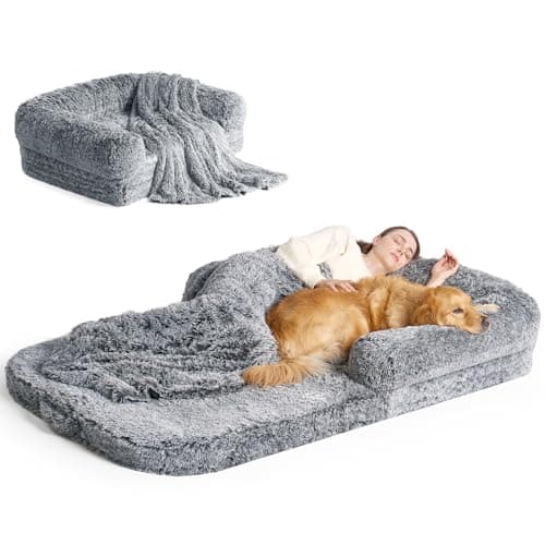 EHEYCIGA Foldable Human Dog Bed, 72"x44"x11" Orthopedic Memory Foam Human Sized Dog Bed, Waterproof Pet Bed for People, Faux Fur Pet Couch for Adult with Non-Slip Bottom, Grey - Image 1