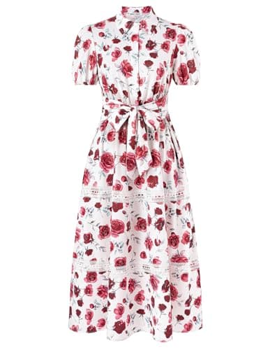 GRACE KARIN Women's 2026 Summer Floral Flowy Dresses Boho Tie Belt Short Puff Sleeve A Line Maxi Shirt Dress with Pocket Rose X-Large - Image 1
