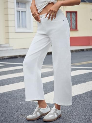 PEIHOT Mid Rise Barrel Jeans for Women Trendy Boyfriend Stretchy Baggy Cropped Denim Pants with Pockets White - Thumbnail 2