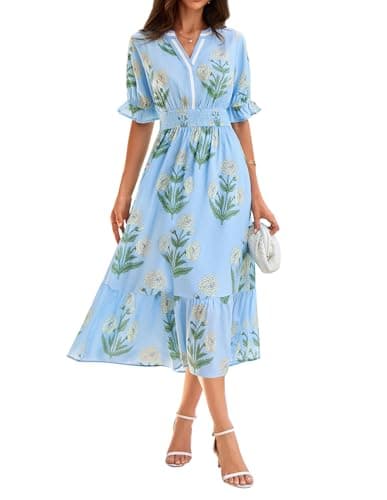 GRACE KARIN Womens Summer Floral Maxi Dress 2026 Casual Ruffle Short Sleeve Boho Dress A Line Flowy Dresses with Pockets Blue Yellow Flower M - Image 1