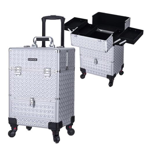 Rolling Makeup Case,Professional Cosmetology Case on Wheels,Large Cosmetic Organizer Train Case,Makeup Travel Case with Draws & Swivel wheels Nail Tech Salon Storage Traveling Cart Trunk,Silver - Image 1