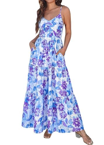 KIRUNDO Maxi Dresses for Women Summer Boho Floral Beach Vacation Sundress Spring Wedding Guest Dress Flowy Cruise Resort Wear(Blue, Small) - Image 1
