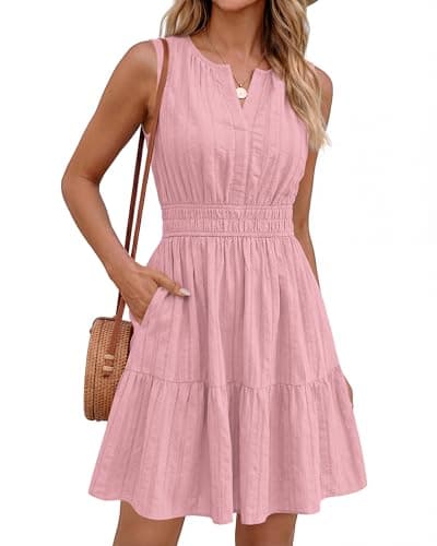 BTFBM Women’s Summer Dresses 2026 Sleeveless V Neck Casual Mini Dress Swing Boho A Line Beach Vacation Sundress Pockets(Pink, XX-Large) - Thumbnail 3