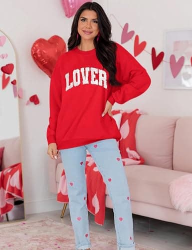 LETSEE Womens Sweatshirt Crewneck Cotton Long Sleeve Casual Pullover Tops Letter Lover(Red, X-Large) - Thumbnail 2