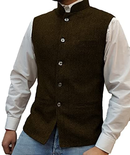 Tuikayoo Mens Herringbone Wool Vests Suit Business Tweed High Collar Waistcoats Slim Fit(Small, Coffee) - Image 1
