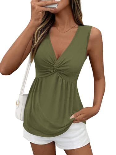 BTFBM Babydoll Tops for Women 2026 Trendy Spring Summer Outfits Twist Front V Neck Peplum Flowy Tank Tops Dressy Casual(Army Green, Large) - Image 1