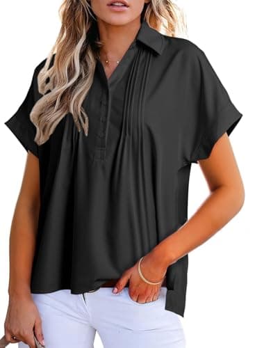 Dokotoo Women's Tops Ladies Casual Pleated Short Sleeve Blouses for Women Dressy Collared V Neck Solid Color Loose Fit T Shirts Pullover Shirt Womens Summer Outfits Black Chiffon Blouse Large - Image 1