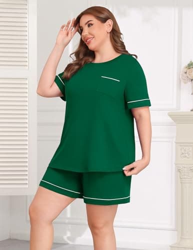 Lastshe Women Plus Size Pajama Sets Knit Soft 2 Piece Short Sleeve Shorts with Pockets Pjs Lounge Set Loungewear,Dark Green-3X - Thumbnail 4