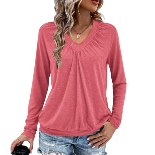 Long Sleeve Shirts for Women V Neck Casual Tops Women Long Sleeve Tops Basic T Shirts Outfits Womens Clothes 2025 Rose Red - Image 1