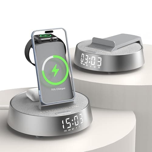 Alarm Clock Charging Station for Bedrooms, Wireless Charging Station with Dimmable Night Light Bluetooth Speaker, Wireless Charger for iPhone 17 16 15 14 13 12 Pro Max, iWatch 11 - Image 1