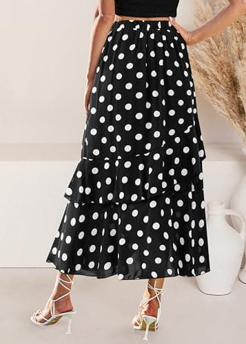 BTFBM Women 2026 Spring Summer Long Skirts Dress Boho Floral Elastic Waist Split Ruffle High Low Beach Maxi Skirt Clothes(Polka Dot Black, X-Large) - Thumbnail 4