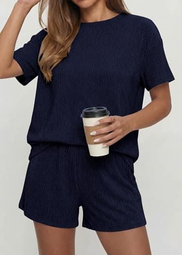 KIRUNDO 2 Piece Sets for Women Summer Shorts Lounge Set Matching Ribbed Knit Short Sleeve Top Airport Travel Vacation Outfits(Navy, Small) - Thumbnail 3