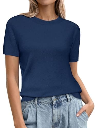 PRETTYGARDEN Women's Short Sleeve Sweaters 2026 Spring Crew Neck Knit Work Shirts Business Casual Tops Summer Fashion Clothes (Navy Blue,Large) - Image 1