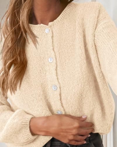 KIRUNDO Women’s Cardigans Casual Loose Button Up Long Sleeve Crewneck Knit Cardigan Sweaters Open Front Outerwear Coats(Cream, XX-Large) - Thumbnail 3