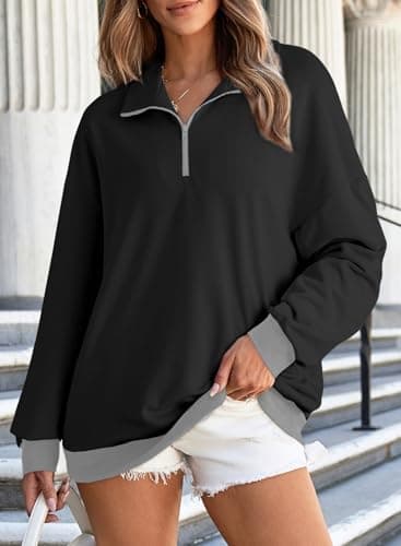 EVALESS Womens Fall Fashion 2024 Oversized Sweatshirt for Women Fashion Clothes Casual Black Grey Color Block Long Sleeve Shirts Comfort Colors Sweatshirts Loose Fit Half Zip Pullover Tops Small - Thumbnail 2