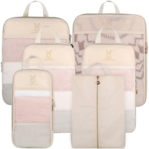 See Through Expandable Compression Packing Cubes, Mesh Travel Packing Cubes for Suitcases, Lightweight Organizers Bag Set for Travel Essentials for Luggage(Beige,8 Set) - Image 1