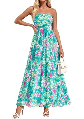 PRETTYGARDEN Womens Boho Maxi Dress 2026 Summer Floral Tube Strapless Spring Wedding Guest Cocktail Long Dresses (Floral Blue Green,X-Large) - Image 1