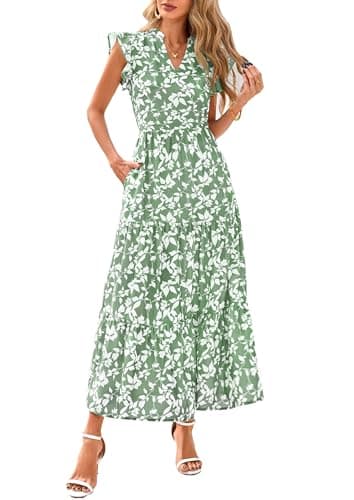 PRETTYGARDEN Women's 2026 Summer Floral Midi Dress Cap Sleeve V Neck Ruffle Long Flowy Boho Casual Beach Vacation Dresses (Leaves Light Green,XX-Large) - Image 1