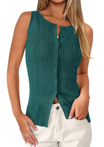 PRETTYGARDEN Ribbed Tank Tops for Women Summer 2026 Button Down Sleeveless Shirts Y2K Fashion Clothing Going Out Vest Top(Malachite Green,X-Large) - Image 1