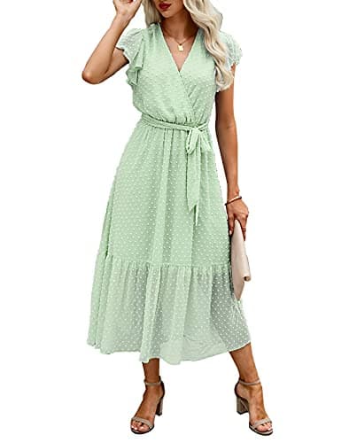 BTFBM Women Summer Bohemian Floral Casual Wrap V Neck Ruffle Cap Sleeveless Belt A-Line Pleated Hem Swing Midi Sun Dress (Swiss Dot Light Green, m) - Image 1