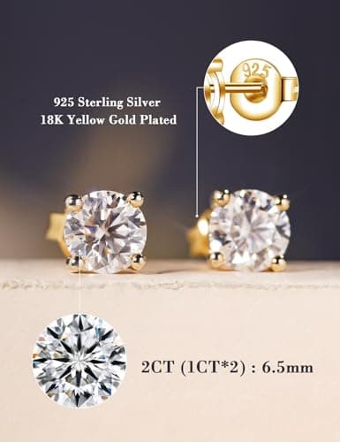 IMOLOVE Moissanite Stud Earrings with 0.6ct-3ct D Color Round Cut Lab Created Diamond Earrings in Sterling Silver with 18K Yellow Gold Plated for Women Men-2 - Thumbnail 2
