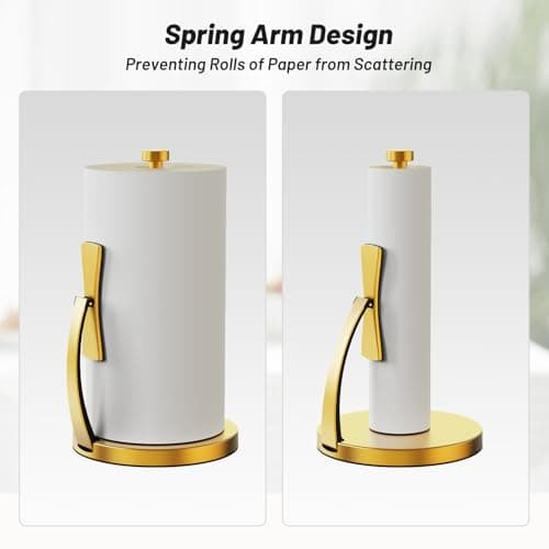 VEHHE Paper Towel Holder Countertop, Paper Towel Holder with Spring Activated Arm and Damping Effect, Simply Tear Paper Towel Stand for Bathroom and Kitchen (Gold) - Thumbnail 5