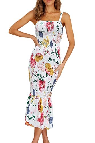 PRETTYGARDEN Women's Summer Floral Midi Tank Dress Sleeveless Strappy Ruffle Hem Smocked Bodycon Dresses (White Red Big Floral,Small) - Image 1